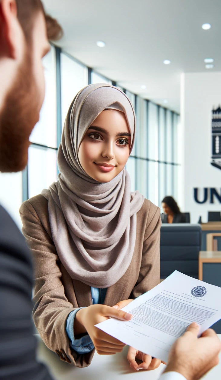 DALL·E 2023-11-09 09.58.36 - Produce a portrait-oriented image of a Caucasian Muslim female student, wearing a hijab, receiving her university admission papers from a Caucasian ma